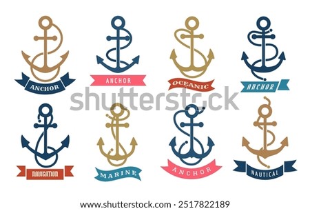 Colored ship anchor emblem set. Anchors with rope and ribbon isolated vector illustration