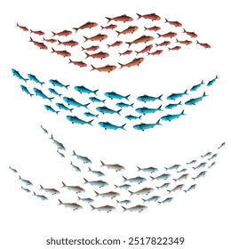 Colored shoal of fish emblems. Ocean fishes group swimming isolated vector illustration