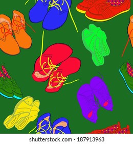 Colored shoes on a dark green background. Seamless pattern, handmade.