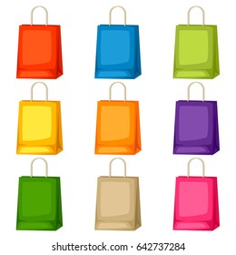 Colored shopping bags templates. Set of promotional gifts and souvenirs.