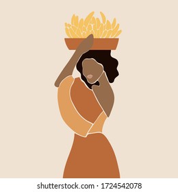 Colored Silhouette Of An African Woman With A Bananas Basket On Her Head. Made In Modern Art.