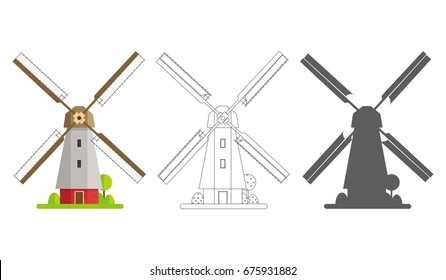 Colored, silhouette and contour mill on an isolated white background. Mill in flat design