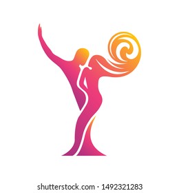 Colored silhouette of a dancing couple in the vector. Logo for dance Studio in bright color, orange, pink, yellow, red. Latino, ballroom dancing. Label, sign, sticker. Man and woman dancing.