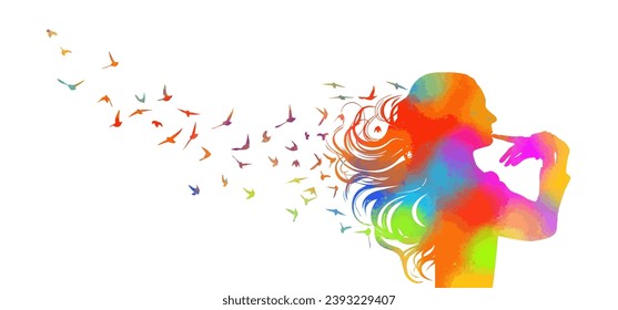 Colored Silhouette of a girl thinking. Thoughts fly like birds. Vector illustration. Emotions or psychology concept. hand drawing. Not AI. Vector illustration
