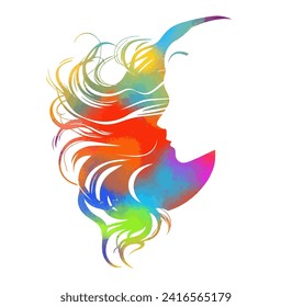 Colored silhouette of a girl's face with hair. hand drawing. Not AI. Vector illustration