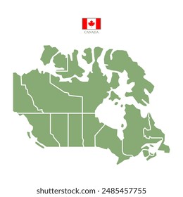 Colored silhouette green Canada map. Flat map Canada. Part North America map. Vector illustration with national flag.