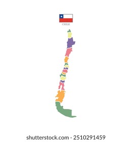 Colored silhouette map of Chile with the outline of regions. Vector illustration with a flag.