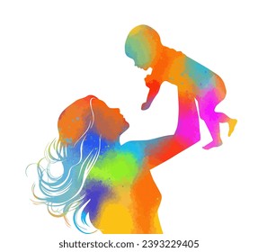 Colored silhouette of a mother with a child in her arms. Vector illustration. Mother's Day. hand drawing. Not AI