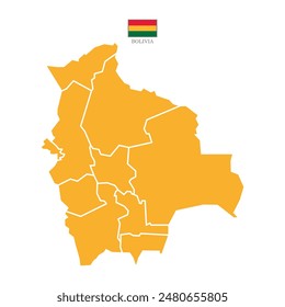 Colored silhouette orange Bolivia map. Flat map Bolivia. Part South America map. Vector illustration with national flag.