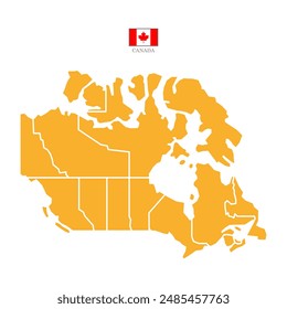 Colored silhouette orange Canada map. Flat map Canada. Part North America map. Vector illustration with national flag.