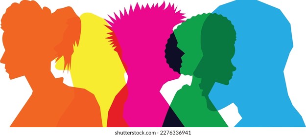 Colored silhouette people, Multiple exposure, Concept on diversity and teamwork