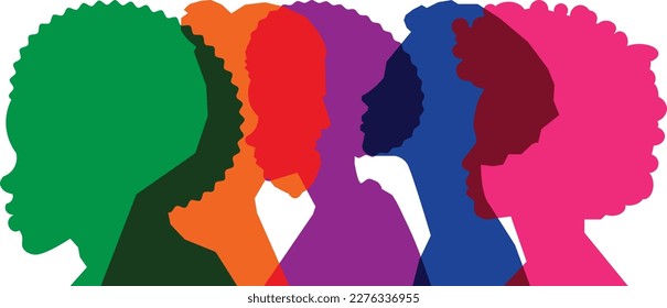 Siluetas coloreadas, exposición múltiple, concepto de diversidad y trabajo en equipo