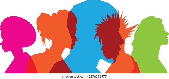 Colored silhouette people, Multiple exposure, Concept on diversity and teamwork