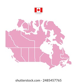 Colored silhouette pink Canada map. Flat map Canada. Part North America map. Vector illustration with national flag.