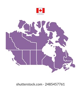 Colored silhouette purple Canada map. Flat map Canada. Part North America map. Vector illustration with national flag.