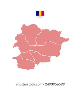 Colored silhouette red Andorra map. Flat map Andorra. Part Western Europe map. Vector illustration with national flag.