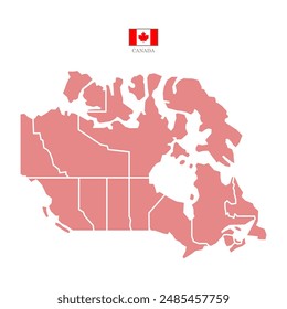 Colored silhouette red Canada map. Flat map Canada. Part North America map. Vector illustration with national flag.