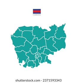 Colored silhouette turquoise Cambodia map with division to region. Flat map Cambodia. Part Asia map. Vector illustration with national flag.