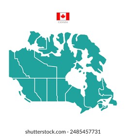Colored silhouette turquoise Canada map. Flat map Canada. Part North America map. Vector illustration with national flag.