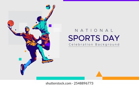 colored silhouettes of basketball and volleyball athletes, a design with a national sports celebration concept. celebration background is white. volleyball and basketball sports tournaments.