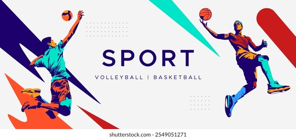 colored silhouettes of basketball and volleyball athletes, a design with a national sports celebration concept. celebration background is white. volleyball and basketball sports tournaments.