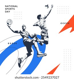 silhuetas coloridas de atletas de basquete e vôlei, um design com um conceito nacional de celebração esportiva. fundo de celebração é branco. torneios de voleibol e basquete.