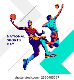 colored silhouettes of basketball and volleyball athletes, a design with a national sports celebration concept. celebration background is white. volleyball and basketball sports tournaments.