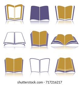 Colored silhouettes of books. Number nine pieces. Vector. On white background with reflection.  