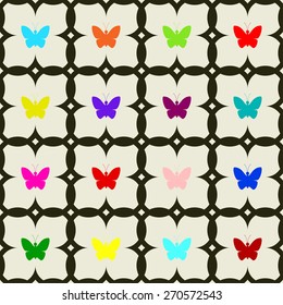 Colored silhouettes of butterflies on a geometric seamless background.