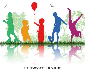 Colored silhouettes of children playing on white background, vector illustration