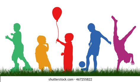 Colored silhouettes of children playing on white background, vector illustration