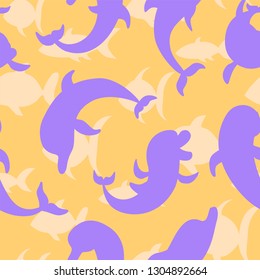 Colored silhouettes of dolphins and fishes on a blue background. Various sea animals.
