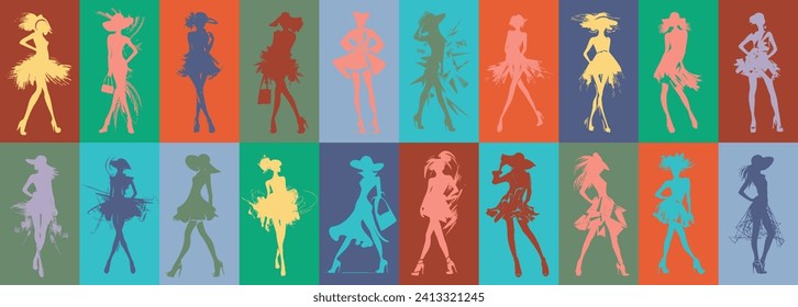 colored silhouettes of fashionably dressed women on a colored background vector illustration