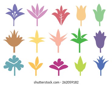 Colored silhouettes of flowers and plants. Vector art elements isolated on white background.

