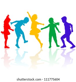 Colored silhouettes of happy children playing