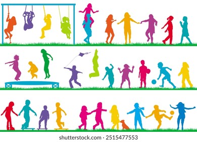 Colored silhouettes of kids playing outdoor.