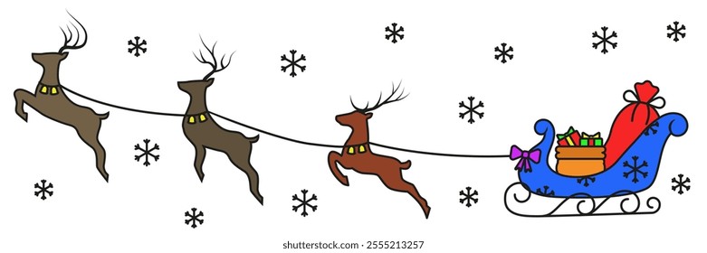 Colored silhouettes of reindeer and sleigh with stroke. Christmas and New Year celebration. EPS 10.