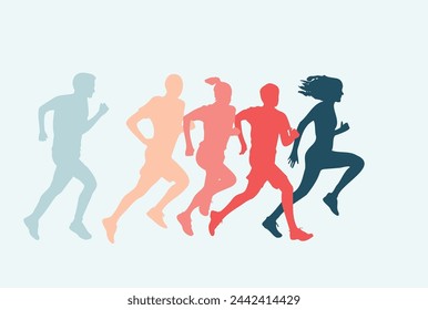 Colored silhouettes of runners. Flat vector figures marathoner. Flat running symbol. Vector running and marathon logo. Flat shapes runners.