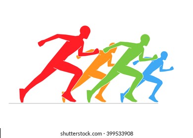 Colored silhouettes of runners. Line running symbol. Vector figures athletes running. Vector running and marathon logo.