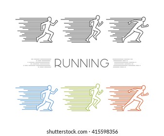 Colored silhouettes of runners. Vector line run and marathon logo.