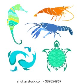 Colored silhouettes sea creatures
