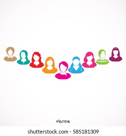 colored silhouettes women. Flat illustration of women community with group of girls and women. Feminist concept.