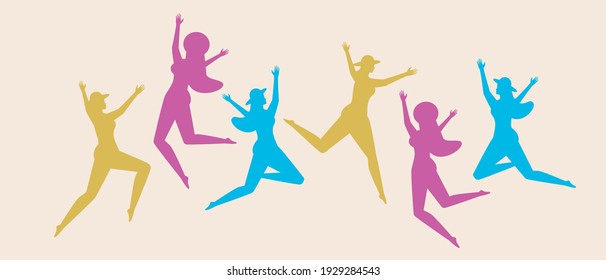 Colored silhouettes of women, people are flying. Flat vector stock illustration. Jumping women. The concept of flying, joy, jumping. Set of colored silhouettes. Vector isolated illustration