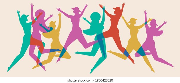 Colored silhouettes of women, young people dancing. Flat vector stock illustration. Jumping women. The concept of dance, joy, jumping. Silhouettes of women. Vector illustration