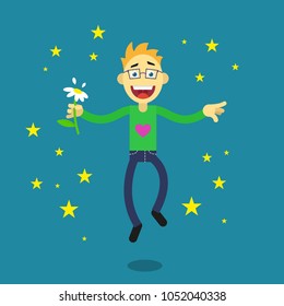 Colored simple flat art illustration of a cartoon happy guy with glasses with flower in hand