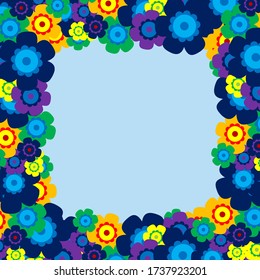 Colored simple flower bouquet on blue background. Frame with decoration. Card for wedding, birthday, holiday. Vector backdrop illustration.