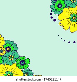 Colored simple flower bouquet on color background. Frame with decoration. Card for wedding, birthday, holiday. Vector backdrop illustration.