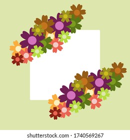 Colored simple flower bouquet on color background. Frame with decoration. Card for wedding, birthday, holiday. Vector backdrop illustration.