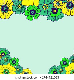 Colored simple flower bouquet on color background. Frame with decoration. Card for wedding, birthday, holiday. Vector backdrop illustration.