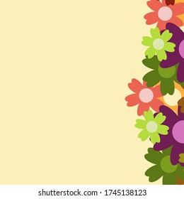 Colored simple flower bouquet on yellow background. Frame with decoration. Card for wedding, birthday, holiday. Vector backdrop illustration.